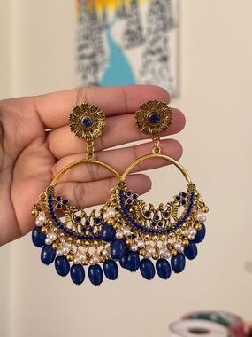 Gold-Tone Blue Beaded Chandbali Earrings